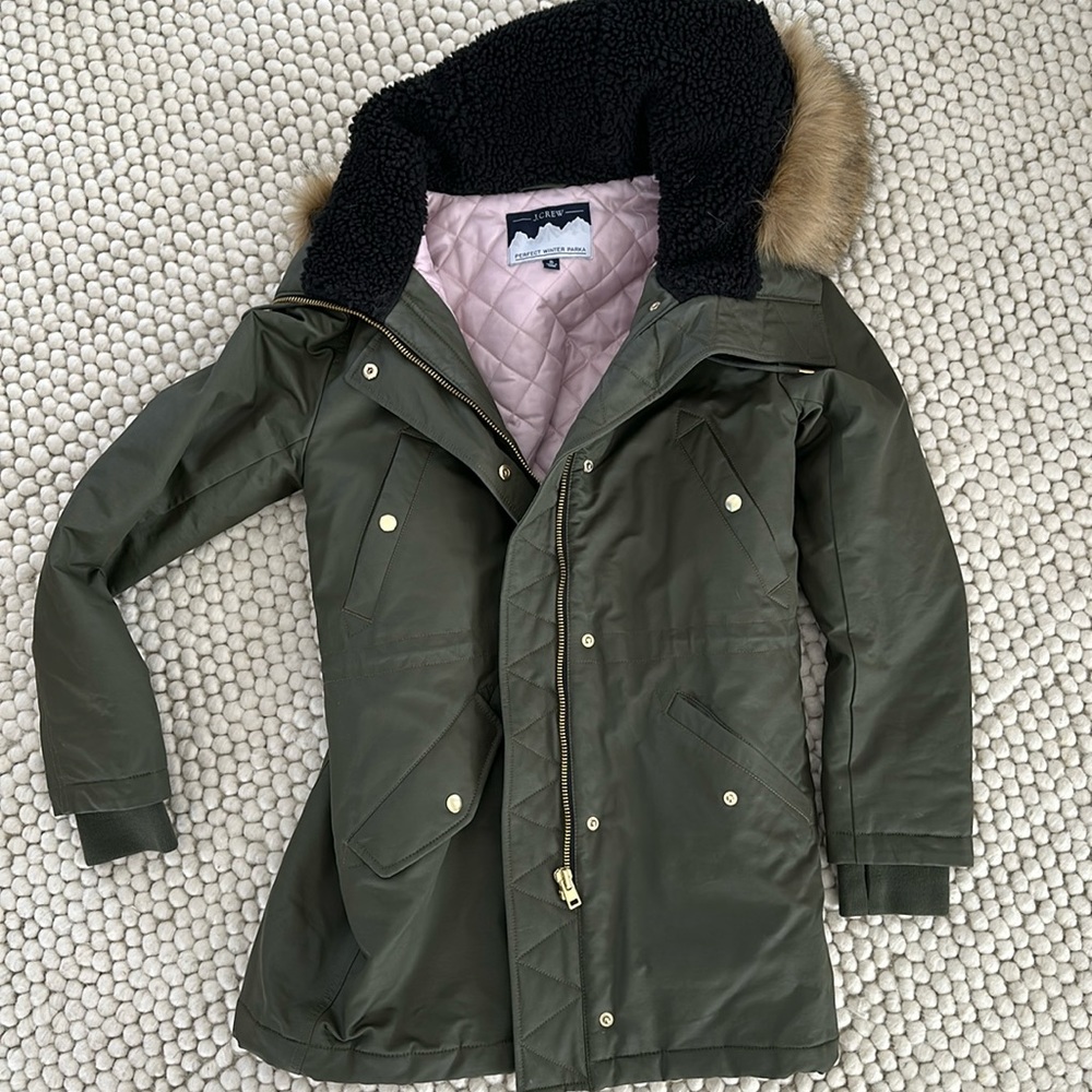 J crew perfect parka small olive green army green